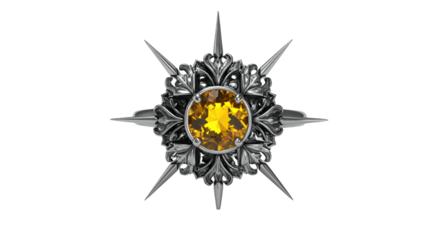 Ornate silver starburst with central orange gemstone against a stark black background - Powered by Adobe