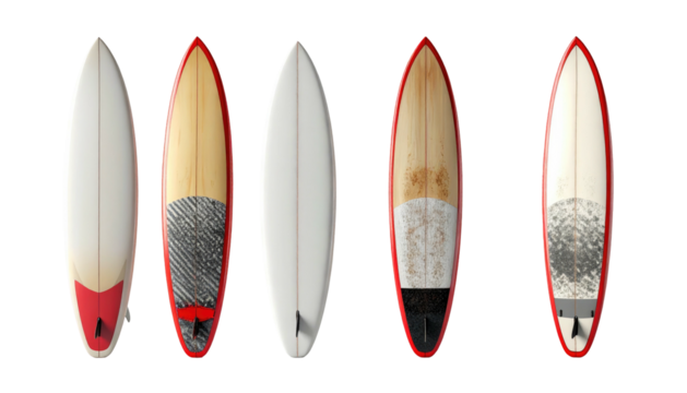 A collection of five differently patterned surfboards displayed horizontally against a black background in a studio setup