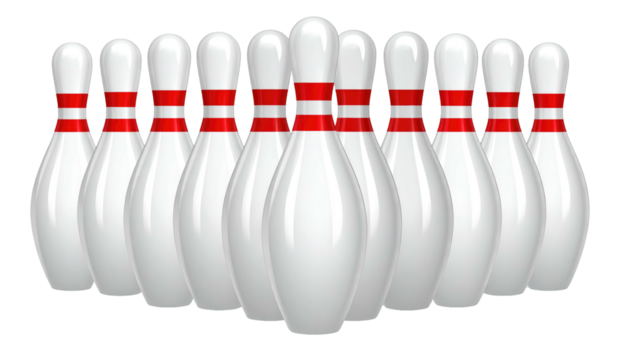 Array of bowling pins with red stripes, evenly spaced, with a transparent background