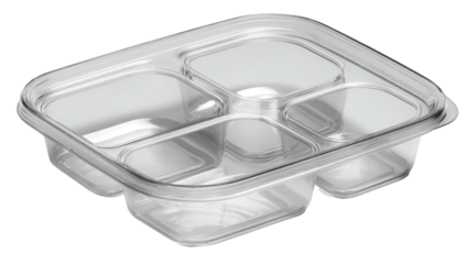 Transparent four-compartment plastic container with a tight-fitting lid, ideal for meal prepping and food storage