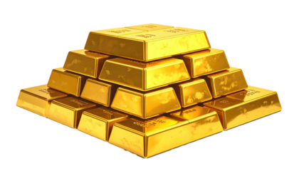 A pyramid stack of shiny gold bars against a black background, reflecting light and showcasing wealth