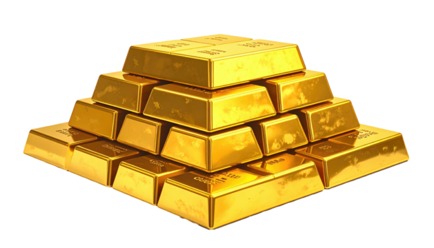 A pyramid stack of shiny gold bars against a black background, reflecting light and showcasing wealth