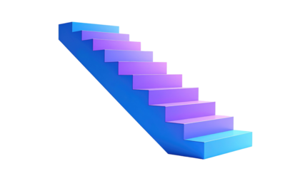 Gradient blue-purple stairs in a 3D render against a black background. Isolated stair set