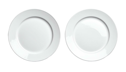 Two round white plates on a dark background, slightly overlapping. Simple, clean, and glossy with subtle shadowing
