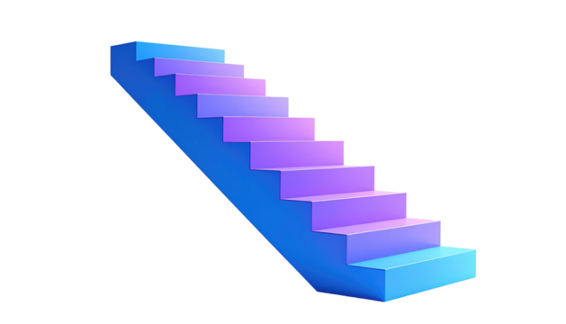 Gradient blue-purple stairs in a 3D render against a black background. Isolated stair set