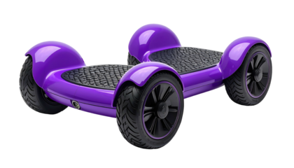 Isolated, purple three-wheeled balance board with a textured standing platform on a black background