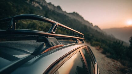 Obraz premium Scenic Mountain Drive at Sunset Showcasing Vehicle Roof Rack Amidst Beautiful Landscape