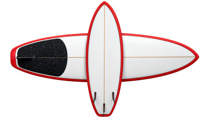 Two surfboards crossing, white and black, bordered with red, on a dark background