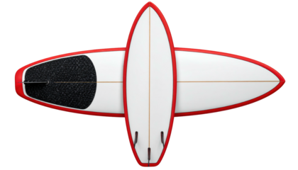 Two surfboards crossing, white and black, bordered with red, on a dark background