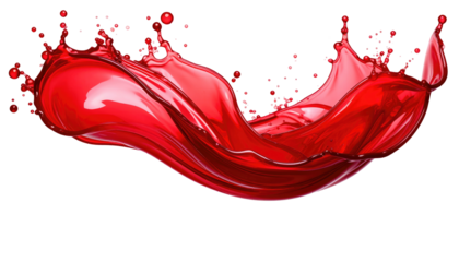Vivid red liquid splash, isolated on black, creates dynamic curves and droplets in mid-air, suggesting energy and motion