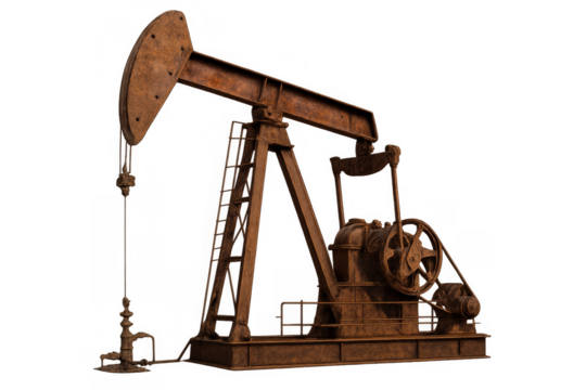 Rusted oil derrick pumping crude petroleum, an iconic symbol of fossil fuel industry extracting energy from underground