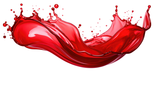 Vivid red liquid splash, isolated on black, creates dynamic curves and droplets in mid-air, suggesting energy and motion