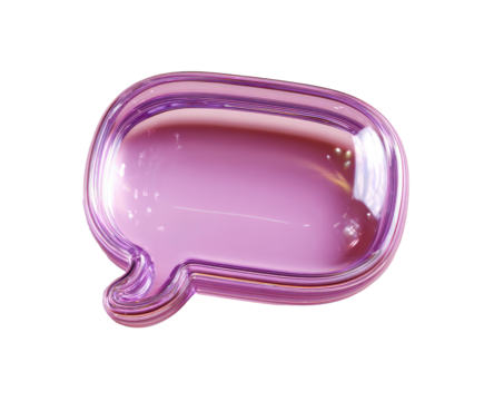 Glossy, transparent purple speech bubble on a black background, slightly tilted, casting subtle reflections - Powered by Adobe