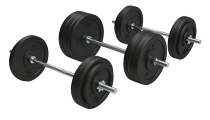 Two pairs of black, weight-loaded barbells lying on a black surface, with metal bars and circular plates