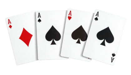 Four ace playing cards displayed face-up, showcasing diamonds, spades, hearts, and clubs on a dark backdrop