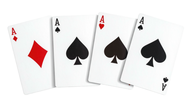 Four ace playing cards displayed face-up, showcasing diamonds, spades, hearts, and clubs on a dark backdrop