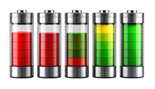 Five cylindrical batteries, each showcasing different charge levels using colored liquids, against a dark background