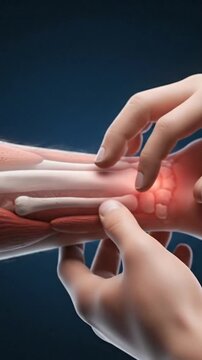 Animation of a Sore Wrist with Red Highlight on a Navy Blue Background Depicting Pain and Inflammation Associated with Carpal Tunnel Syndrome and Tendonitis, a Medical Visualization