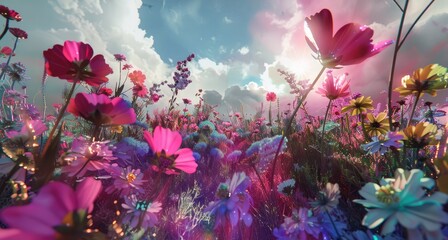 Vibrant field of colorful flowers under a bright sky with clouds, showcasing nature's beauty and tranquility