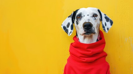 A stylish Dalmatian dog wearing a red hoodie poses against a vibrant yellow wall, showcasing its playful personality