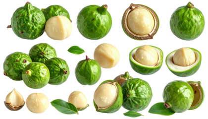 Cluster of green, textured nuts, some cracked to reveal creamy insides, against a plain dark background