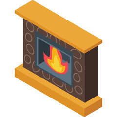 Isometric cartoon fireplace with yellow and brown frame, burning orange fire, and gray background with circular patterns