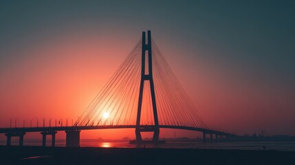 Obraz premium Stunning Sunset View Behind a Modern Bridge With a Silhouette Against a Colorful Sky in Evening Light