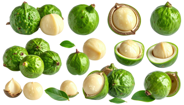 Cluster of green, textured nuts, some cracked to reveal creamy insides, against a plain dark background