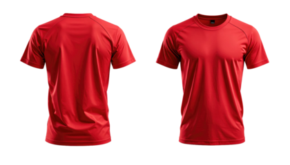 Back and front view of a vivid red, short-sleeved t-shirt, digitally cut out on a solid black backdrop