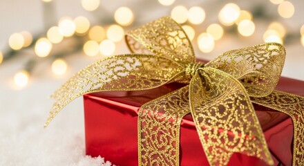 A red gift box with a gold ribbon and bow sitting on a white surface with bokeh lights behind it