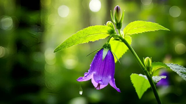 Close-up of a vibrant purple bellflower amidst a lush green forest backdrop