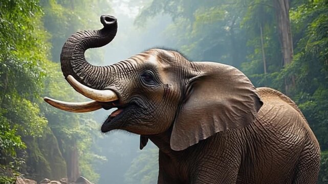 Close up of an elephant with its trunk raised in a lush green forest environment outdoors view elephant video
