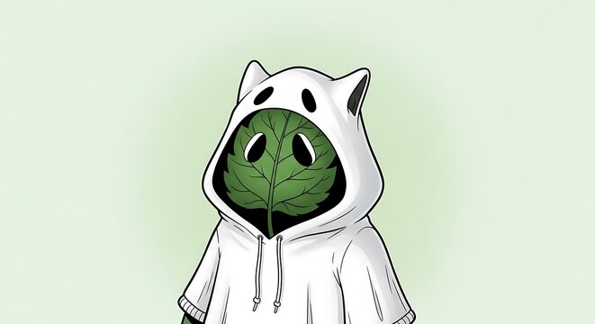 A whimsical cartoon character with a green leaf for a face, wearing a white hooded sweatshirt with cat ears.