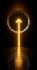 A glowing arrow pointing upwards emerges from a dark textured surface towards a ring. The scene is illuminated by the light, reflecting on the surface. The arrow suggests direction and forward movemen