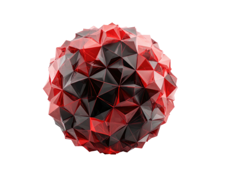 Polygon sphere a dark red/black abstract globe with many sharp triangular facets against a stark black background