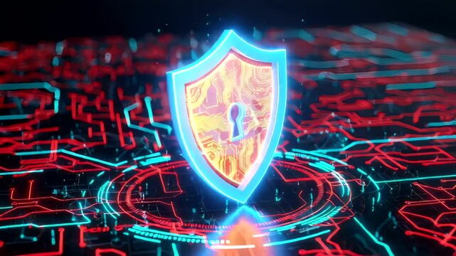Digital shield with circuit patterns on a glowing background showcasing cybersecurity