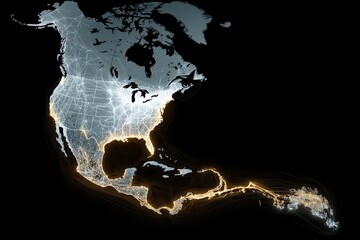 A futuristic map of the world with glowing smart grid energy lines connecting cities on a black background.