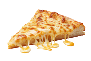 Gooey, cheesy pizza slice with a crisp crust. Isolated on black. Droplets of cheese hang from the slice