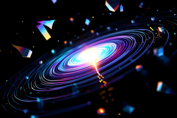 Luminous spiral of glowing data streams and shattered fragments in a futuristic representation of a digital cosmic explosion