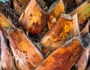 Close-up of textured, brown, palm tree base and bark