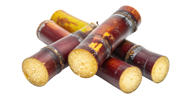 Brown-purple sugar cane sticks are piled on a black background showing cross-section