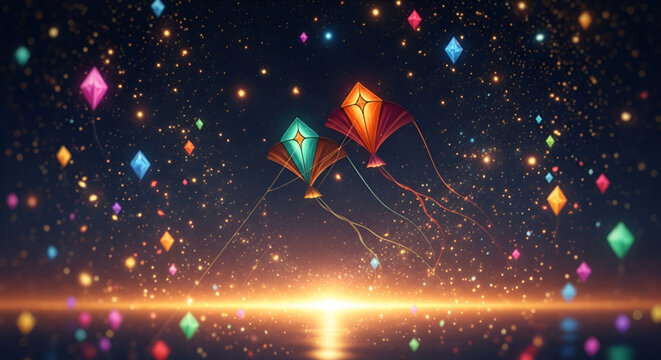 Beautiful Abstract Night Sky Background With Magical Golden Sparks And Illuminated Kites Symbolizing The Indian Harvest Festival Makar Sankranti Uttarayan Celebration And Festive Freedom