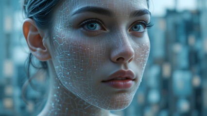 Portrait of woman with digital grid on face. AI, biotechnology, and futuristic technology. Digital art.