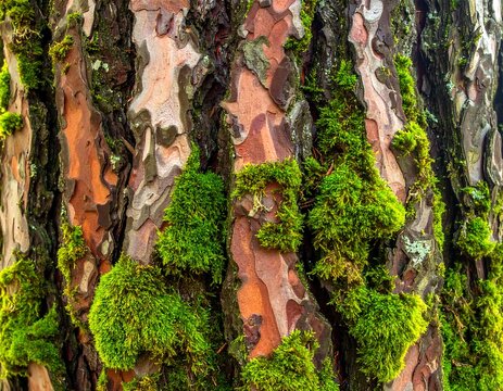 Close-up of textured tree bark, accented with vibrant green moss