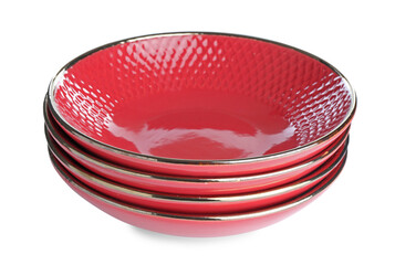 Stack of red ceramic bowls isolated on white