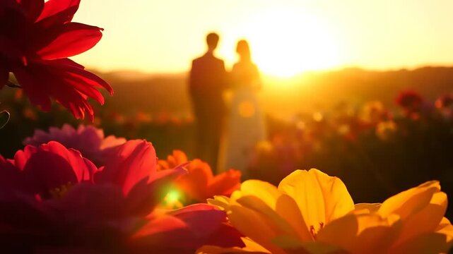 Couple in flower field at sunset.