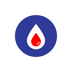 A red droplet icon with a white outline, centered within a dark blue circle on a white background.