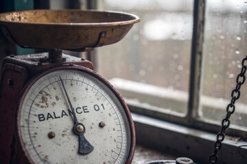 A vintage rusty weighing scale measuring weight in detail