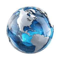 Glossy globe with continents and blue ocean-like texture on a black background, displaying the Americas