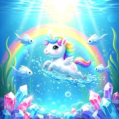 Obraz premium Cute underwater unicorn (seacorn) with rainbow mane, leaping over vibrant crystals under a submerged rainbow, a magical marine fantasy.